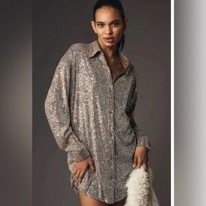 Anthropologie Silver Sequin Long Sleeve Dress